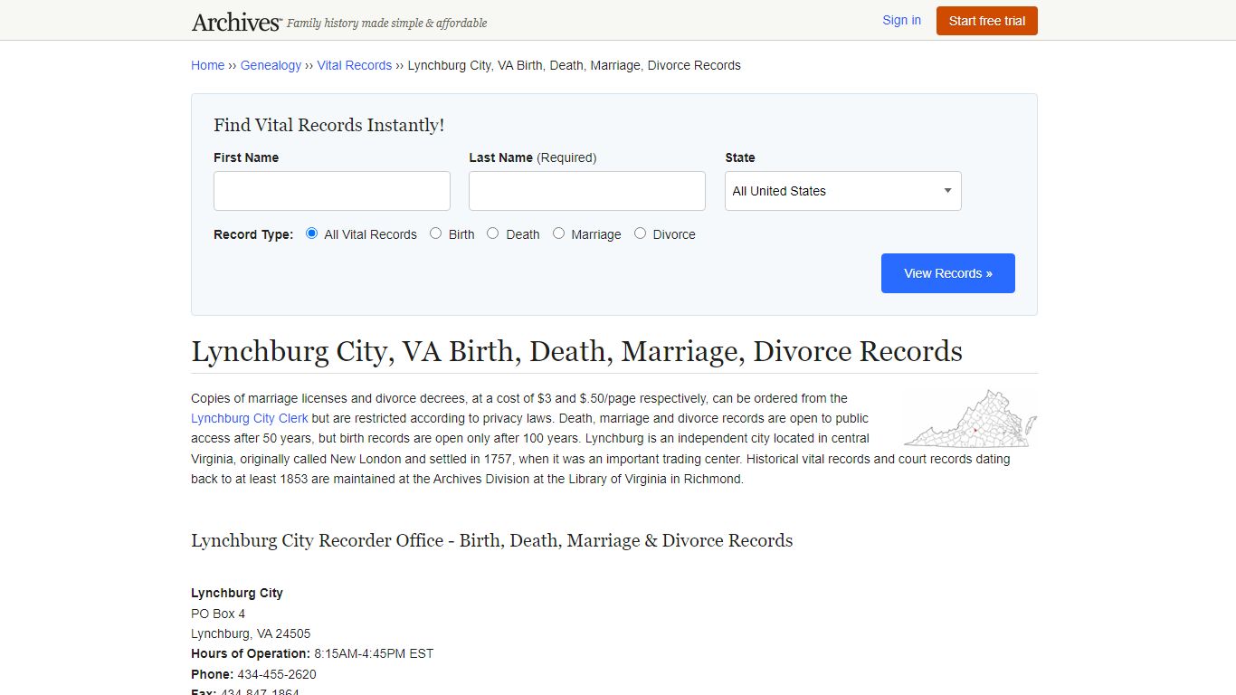 Lynchburg City, VA Birth, Death, Marriage, Divorce Records